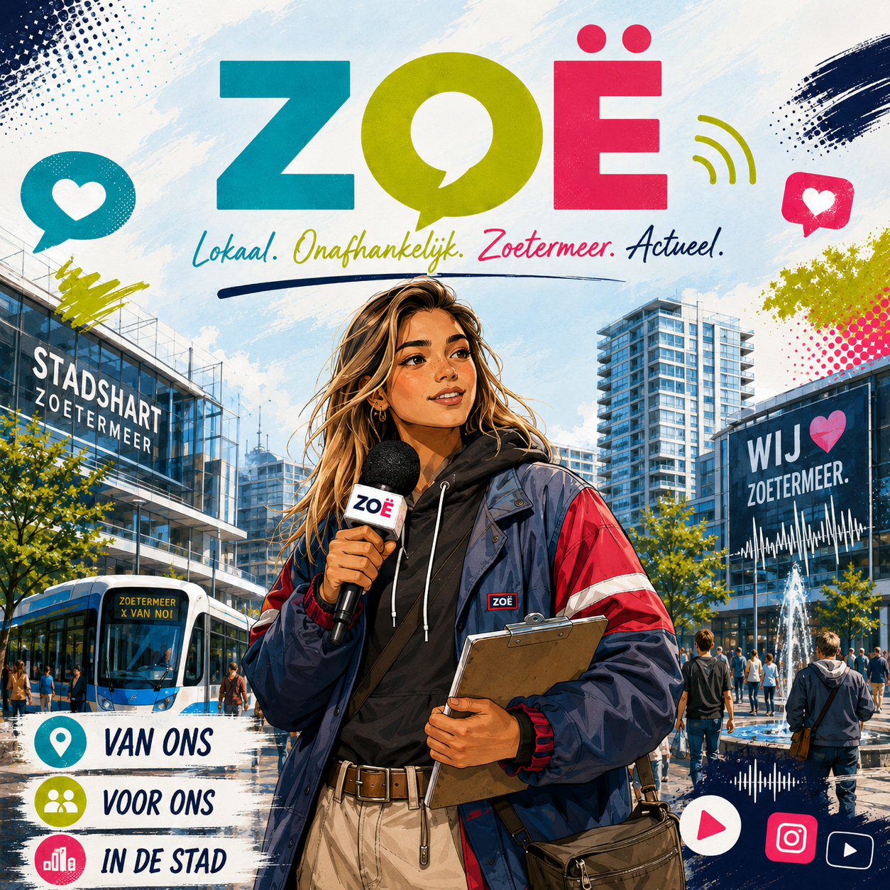 Kleurrijke ZOË-illustratie met een lokale presentatrice, microfoon, media-iconen en herkenningspunten uit Zoetermeer.